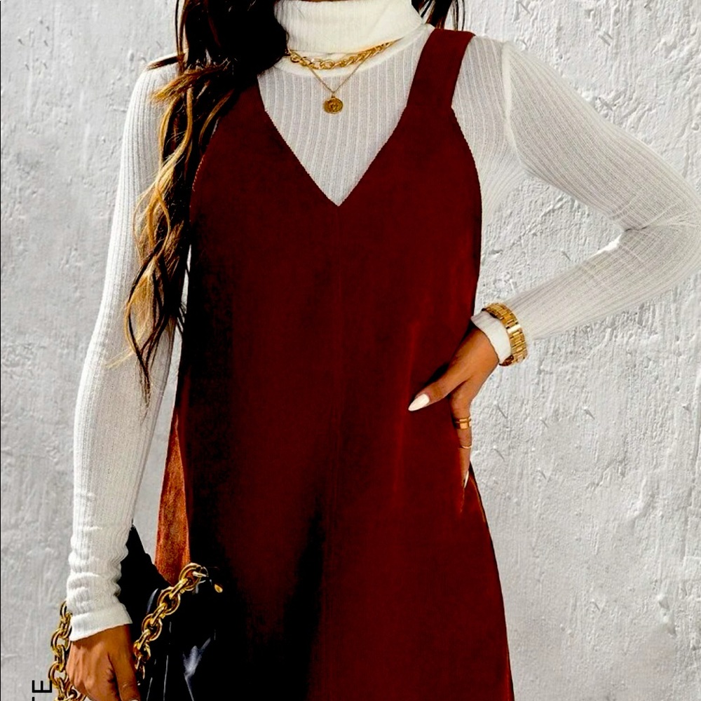 Solid Corduroy Overall Dress